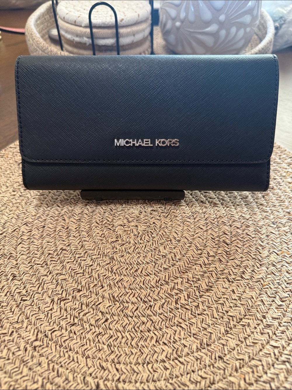 Michael Kors Black Saffiano Trifold Wallet with Silver Logo